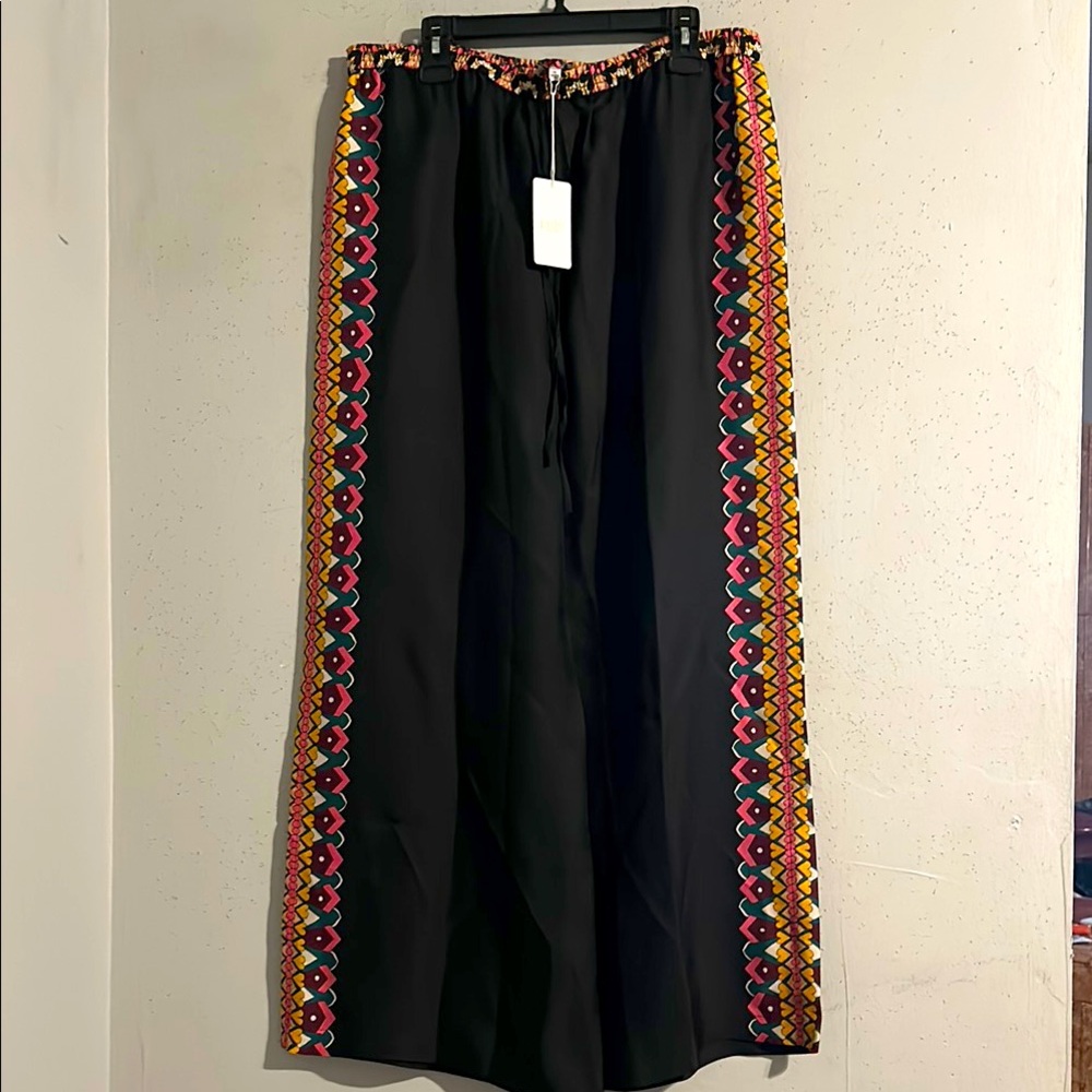 Johnny Was Black Wide-Leg Pants with Colorful Patterned Trim NWT